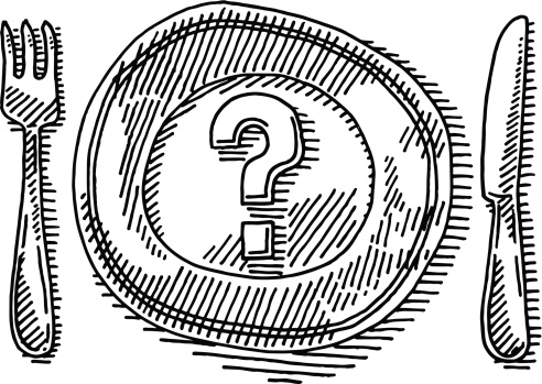 Hand-drawn vector drawing of a Place Setting Dishware and a Question Mark on the empty plate. Black-and-White sketch on a transparent background (.eps-file). Included files are EPS (v10) and Hi-Res JPG.