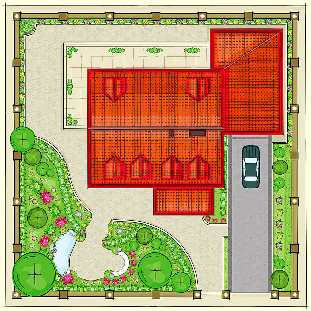 istock Residential house plan with a beautiful garden Top view 478680302