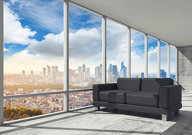 istock Black sofa, 3d illustration with cityscape skyline 478680454