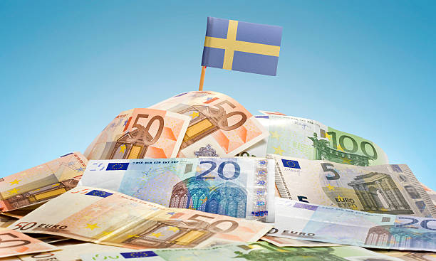 flag of sweden sticking in european banknotes.(series) - budget sverige bildbanksfoton och bilder