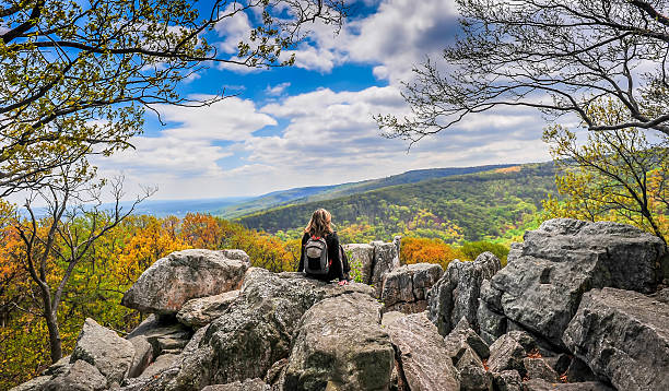 Magnificent Appalachian Vistas Female viewing a beautiful Autumn vista in the Appalachian mountains of western Maryland state park stock pictures, royalty-free photos & images