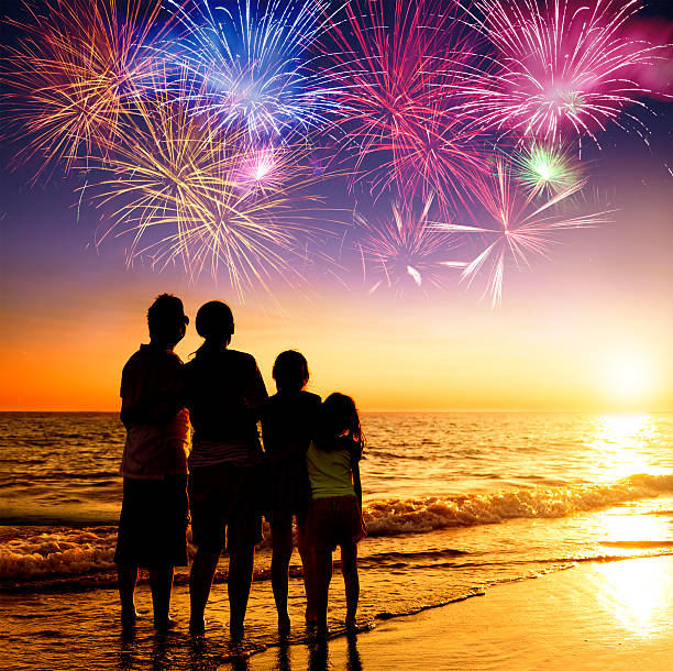 istock happy family watching the sunset and firework on the beach 478682156