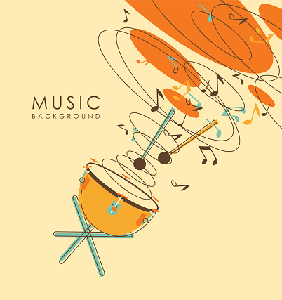 Background with percussion musical instruments drum timpani in vintage sketch style