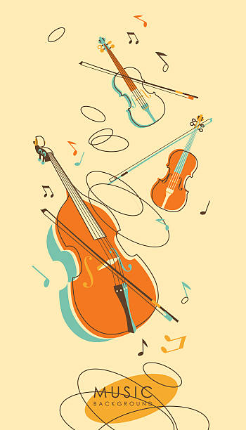 Vintage abstract musical background Background with stringed musical instruments violins, cello in vintage sketch style string instrument stock illustrations