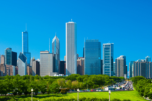 Chicago downtown skyline, Grant Park, and traffic jam