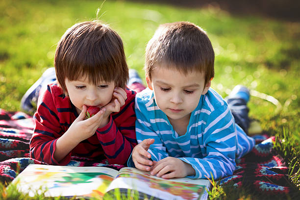 istock Two adorable cute caucasian boys, lying in the park 478689608