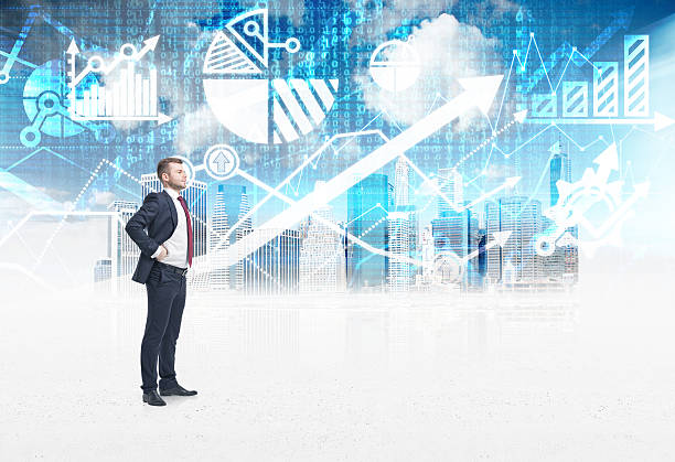 istock confident trader is standing in digital space over New York 478689950