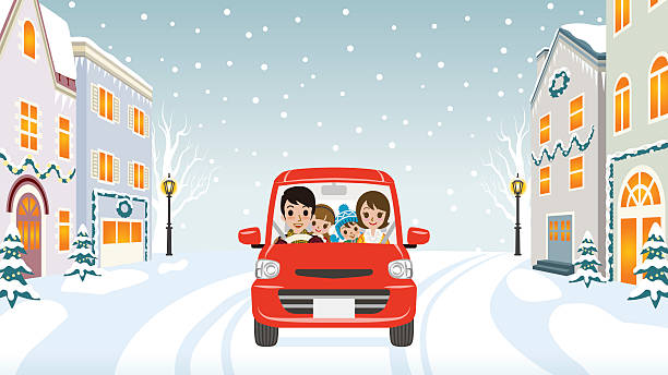 driving familie winter-stadt - vector nature cheerful son stock-grafiken, -clipart, -cartoons und -symbole