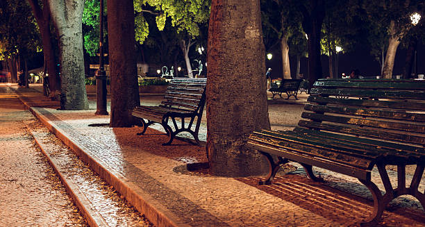 istock Wooden bench in night park 478690993