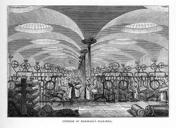 Interior of Marshall’s Flax Mill, Leeds, England Victorian Engraving Very Rare, Beautifully Illustrated Antique Engraving of the Interior of Marshall’s Flax Mill, Leeds, England Victorian Engraving Our Own Country, Great Britain, Descriptive, Historical, Pictorial. Published in 1880. Copyright has expired on this artwork. Digitally restored. industrial revolution stock illustrations