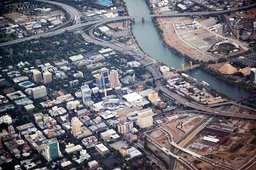 Late evening aerial view of downtown and old Sacramento, California.