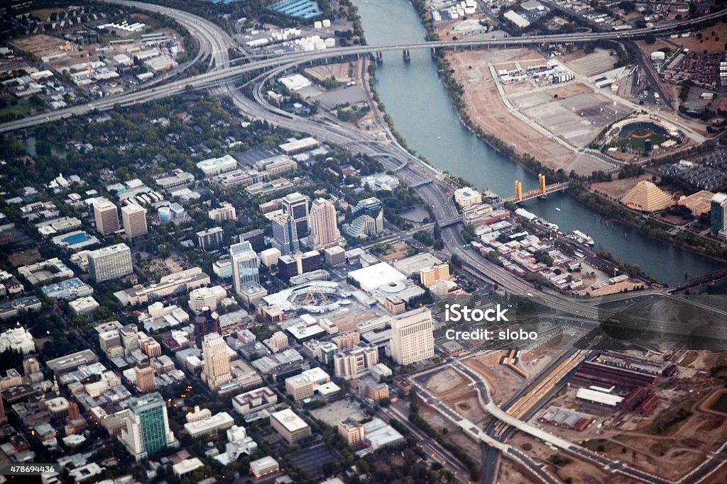 Downtown Sacramento  from the Air Late evening aerial view of downtown and old Sacramento, California. Sacramento Stock Photo