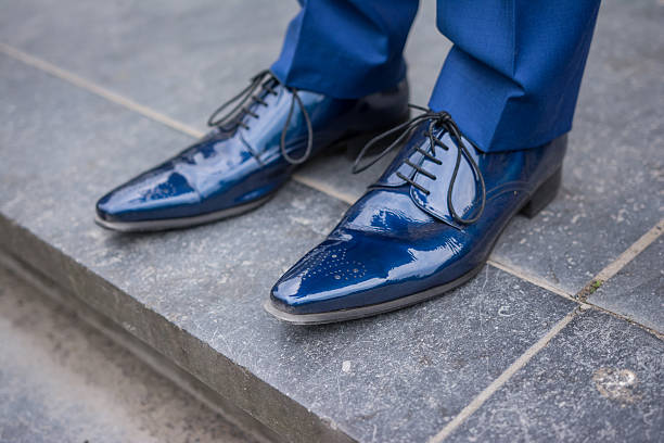 istock Blue male leather lacquered shoes from groom 478695384