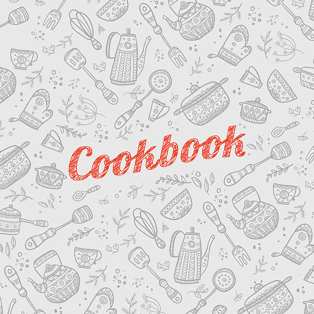 cookbook cover with kitchen items - yemek kitapları stock illustrations