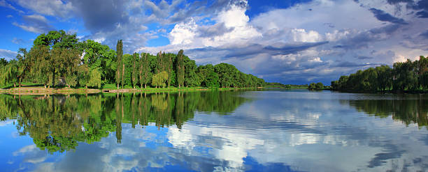 istock Panorama of cloudy sky reflection in the lake 478702554