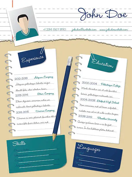 Vector illustration of Cool new curriculum vitae resume with notepapers and pencil