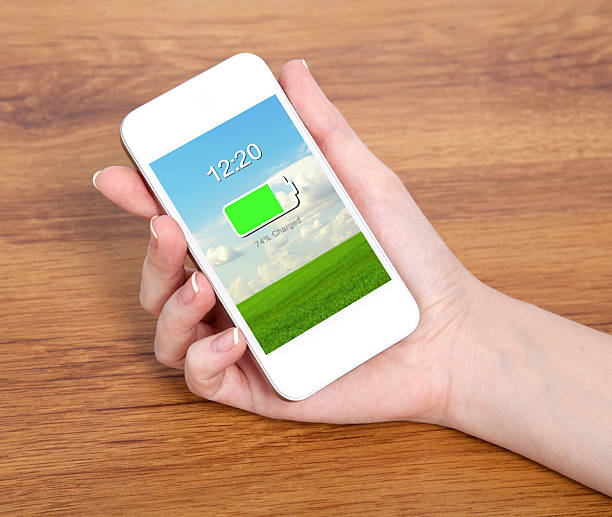 istock woman hand holding a touch white phone with charged battery 478704151