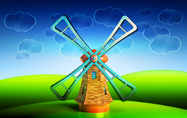 古い木製の風車の丘陵イラストレーション - netherlands windmill farm farmhouse ストックフォトと画像