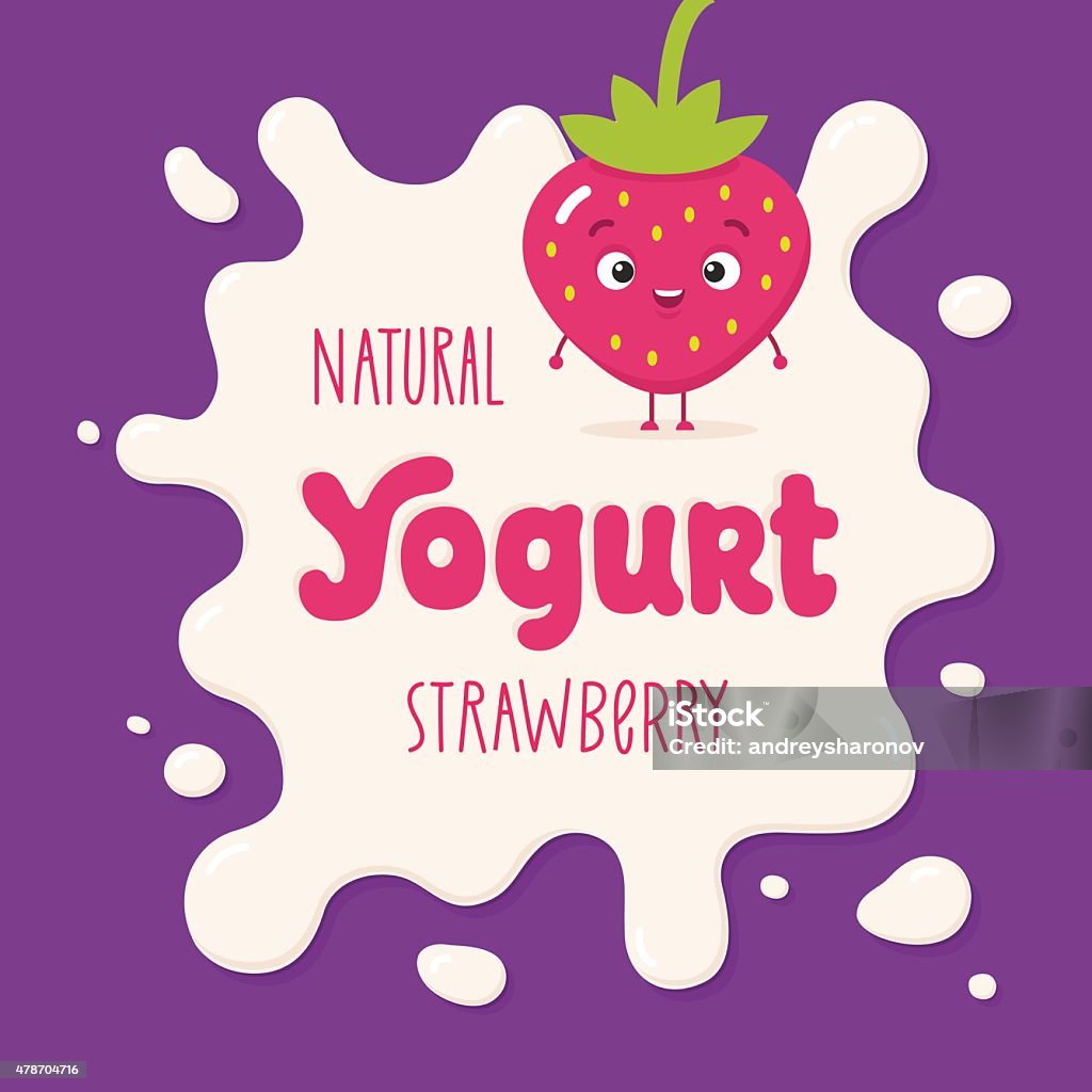 Milk blot illustration. Yogurt logo and cartoon strawberry Package design template for yogurt Strawberry stock vector