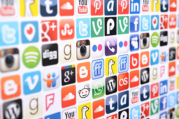 Social media logo and icons İstanbul, Turkey - June 24, 2015: Popular social media icons, including Facebook, Foursquare, Vine, Instagram, Youtube, Flickr, Pinterest, MySpace, Tumblr, bebop, Twitter, Blogger, Google Plus, Vimeo, WordPress, LinkedIn, Spotify, Periscope on white paper. pinterest stock pictures, royalty-free photos & images