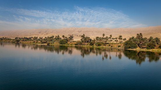 Palm trees and greenery reflecting on the Nile river with mountains in background