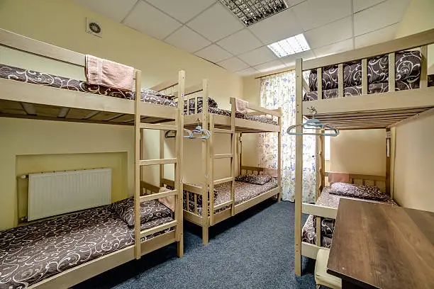 Small hostel room with two-level bunk beds
