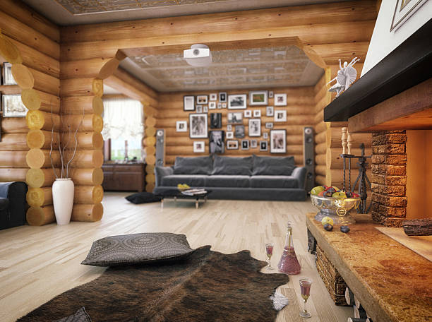 istock 3d rendering of a living room. House from logs 478715256