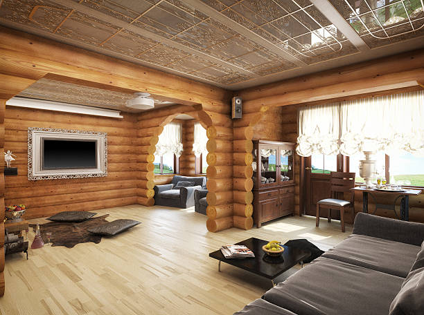 istock 3d rendering of a living room. House from logs 478715286