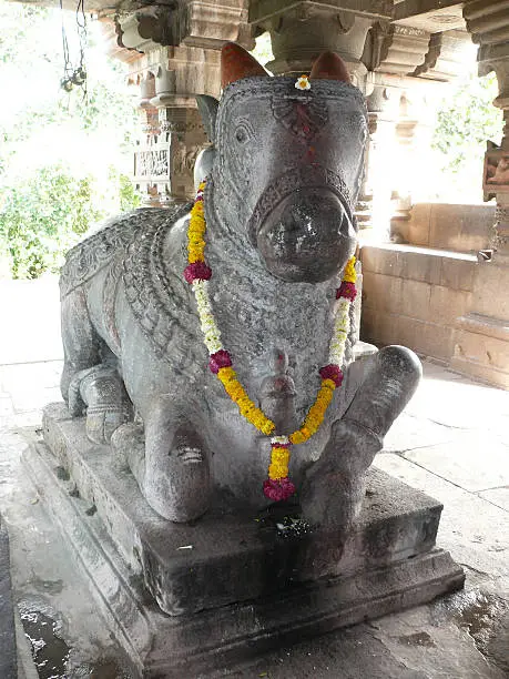 Stone statue of Nandi at Lord Shiva, Changa Vateshwar Temple, Saswad, Maharashtra, India