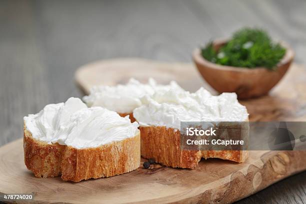 Homemade Appetizing Crostini With Soft Cheese Cream Herbs Stock Photo - Download Image Now