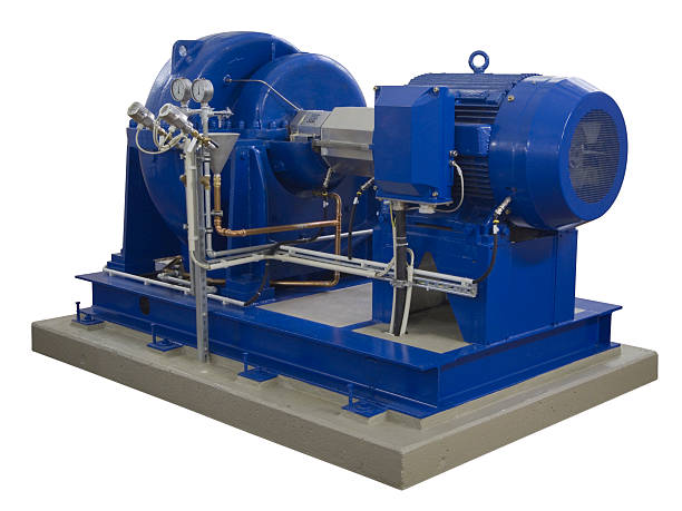 blue industrial compressor on white stock photo