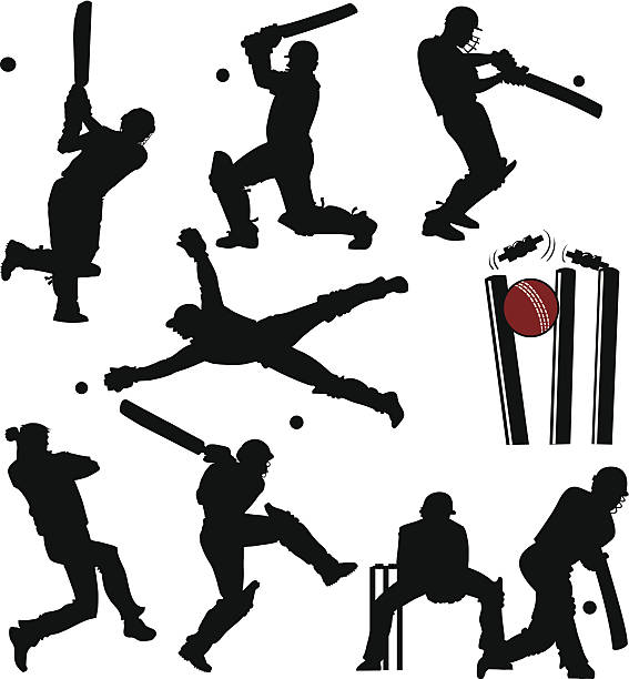 Cricket Players Silhouettes All images are placed on separate layers for easy editing. black and white sports silhouette stock illustrations
