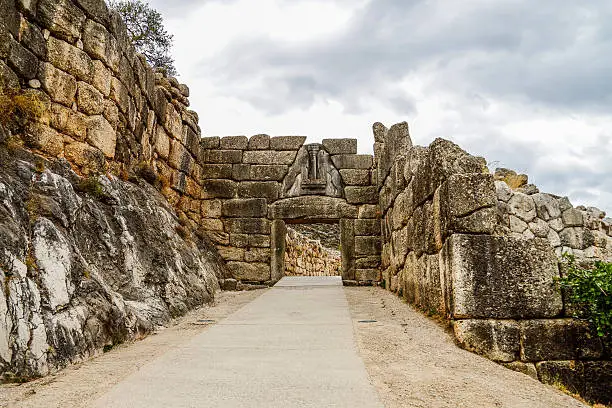 Lion's Gate in ancient city of Mycenae, Peloponnes, Greece