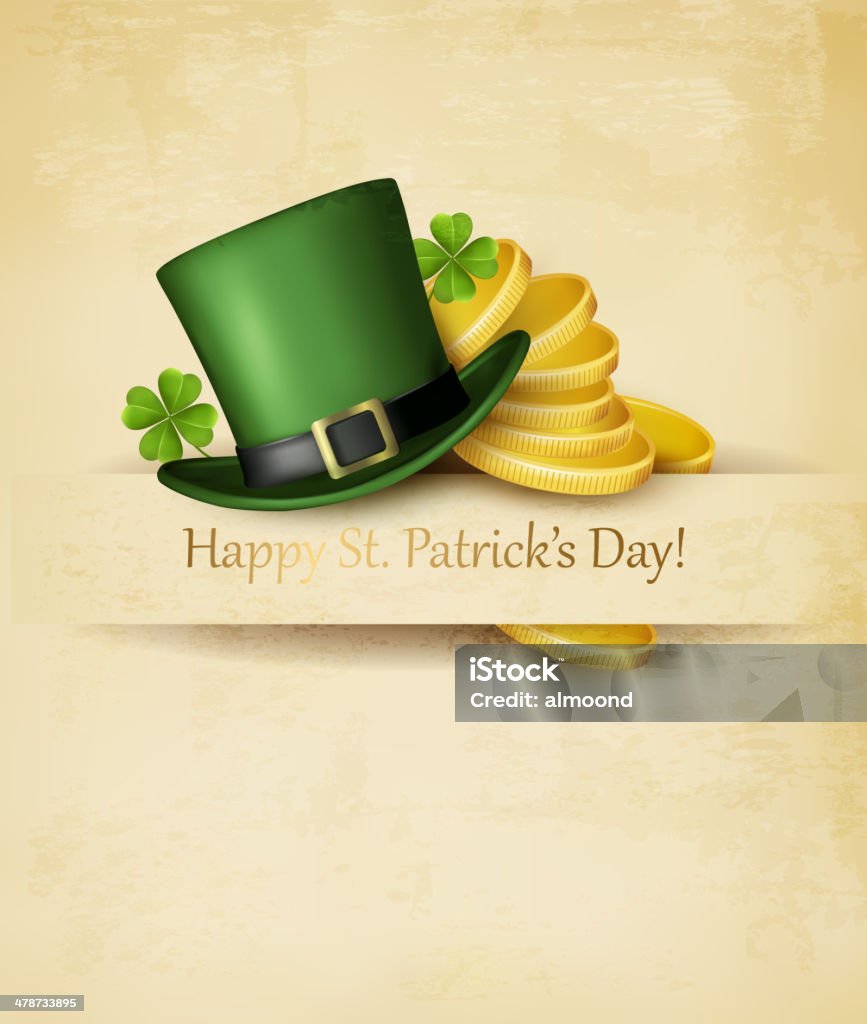 Saint Patrick's Day tło z liści koniczyny, zielony kapelusz i - Grafika wektorowa royalty-free (Bez ludzi)