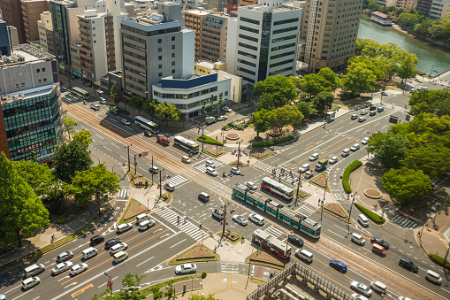 Aerial view of the CBD road crossing in downtown Hiroshima, Japan
