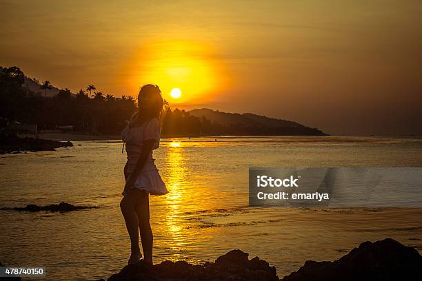 Girl Silhouette On Sunset Beach Background Stock Photo - Download Image Now - 2015, Adult, Beach