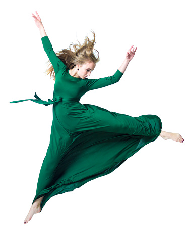 Dancer in green dress isolated on white 