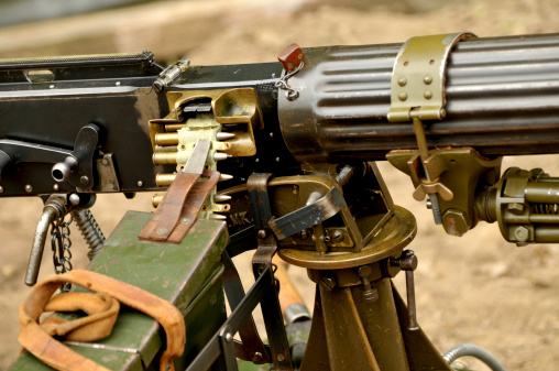 Close up of the .303 ammunition feed on a vintage Vickers machine gun. The water cooled Vickers machine gun saw service from 1912 up til the 1960's.