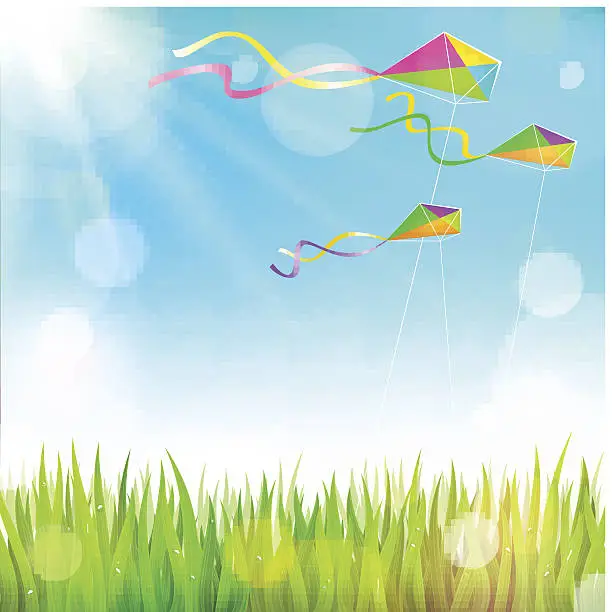 Vector illustration of Summer landscape with grass and colorful kites the sky