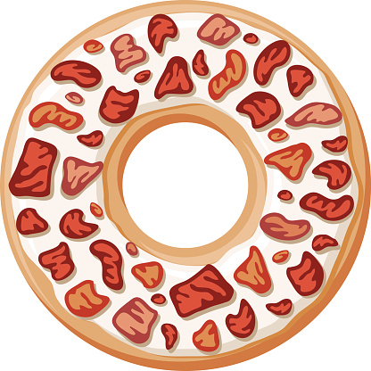 A donut topped with a maple glaze and sprinkled with chunks of crispy fried bacon. Download includes an AI10 EPS and a high resolution JPEG. No gradients or transparencies used, file is saved as a CMYK vector.