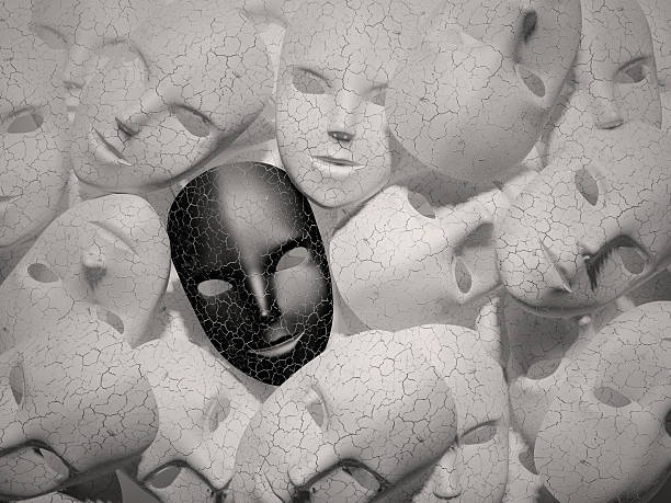Smiling black mask among white masks, Hypocritical concept