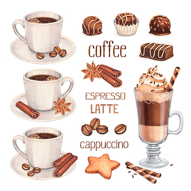 Watercolor illustrations of coffee cup and chocolate sweets Watercolor illustrations of coffee cup and chocolate sweets coffee cup coffee hot chocolate coffee bean stock illustrations