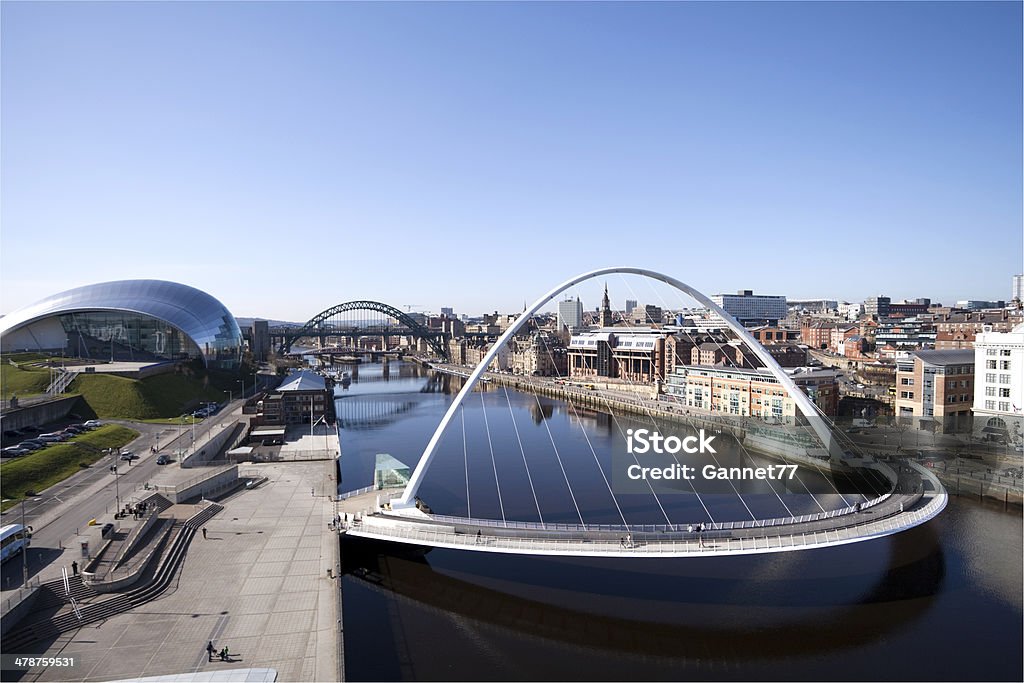 Tyne Quayside, Newcastle Newcastle-upon-Tyne cityscape, showing the Gateshead Millennium bridge, the Tyne Bridge and the Sage Gateshead. Newcastle-upon-Tyne Stock Photo