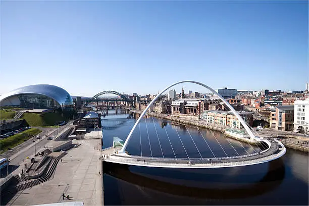 Newcastle-upon-Tyne cityscape, showing the Gateshead Millennium bridge, the Tyne Bridge and the Sage Gateshead.