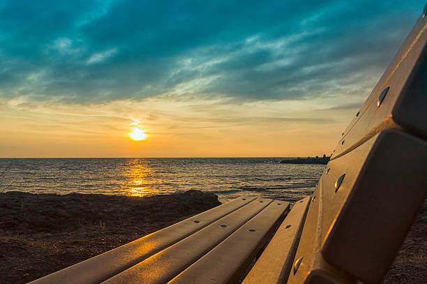 Bench during sunrise in the North Shore. Duluth, Minnesota.