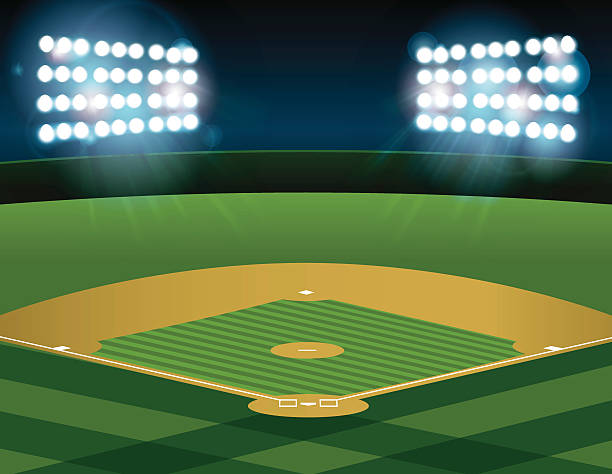 ilustraciones, imágenes clip art, dibujos animados e iconos de stock de campo de béisbol de práctica de softball calificado con iluminación por la noche - baseball background