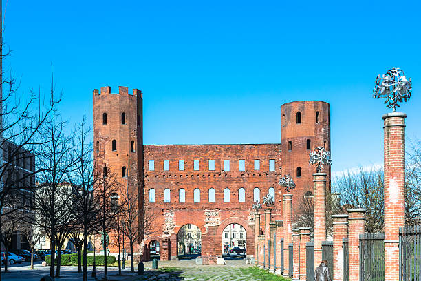 The Torri Palatine in Turin, Italy Turin,Italy,Europe - March 27, 2015 : View of the Palatine Towers and the Palatine Gate torri gate stock pictures, royalty-free photos & images