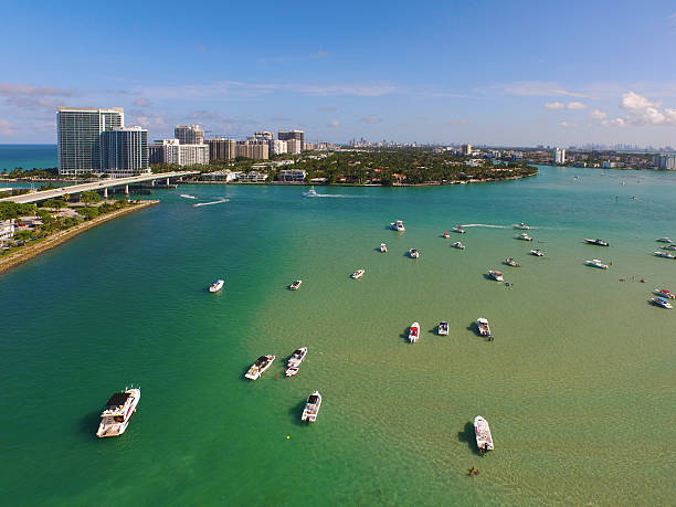 Aerial image Biscayne Bay Miami Beach Stock aerial drone photo of boats at Biscayne Bay Miami Beach FL sandbar stock pictures, royalty-free photos & images