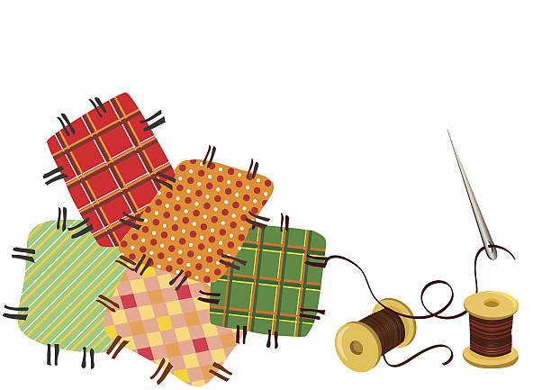 illustrazioni stock, clip art, cartoni animati e icone di tendenza di patchwork, con un ago da cucito - quilt patchwork sewing textile