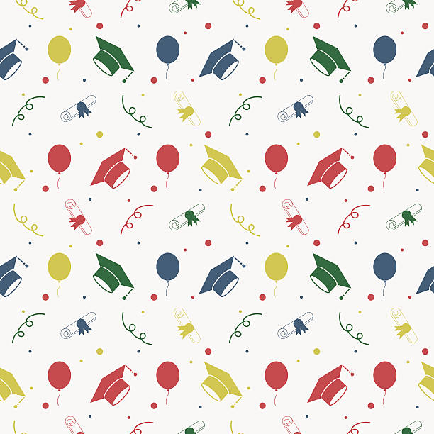 Seamless Graduation Celebration Pattern Background Seamless vector backdrop of tossing graduation caps, balloons and diplomas pattern. Education celebration symbols on repeatin cells. Can be used for web page backgrounds, pattern fills graduation designs stock illustrations